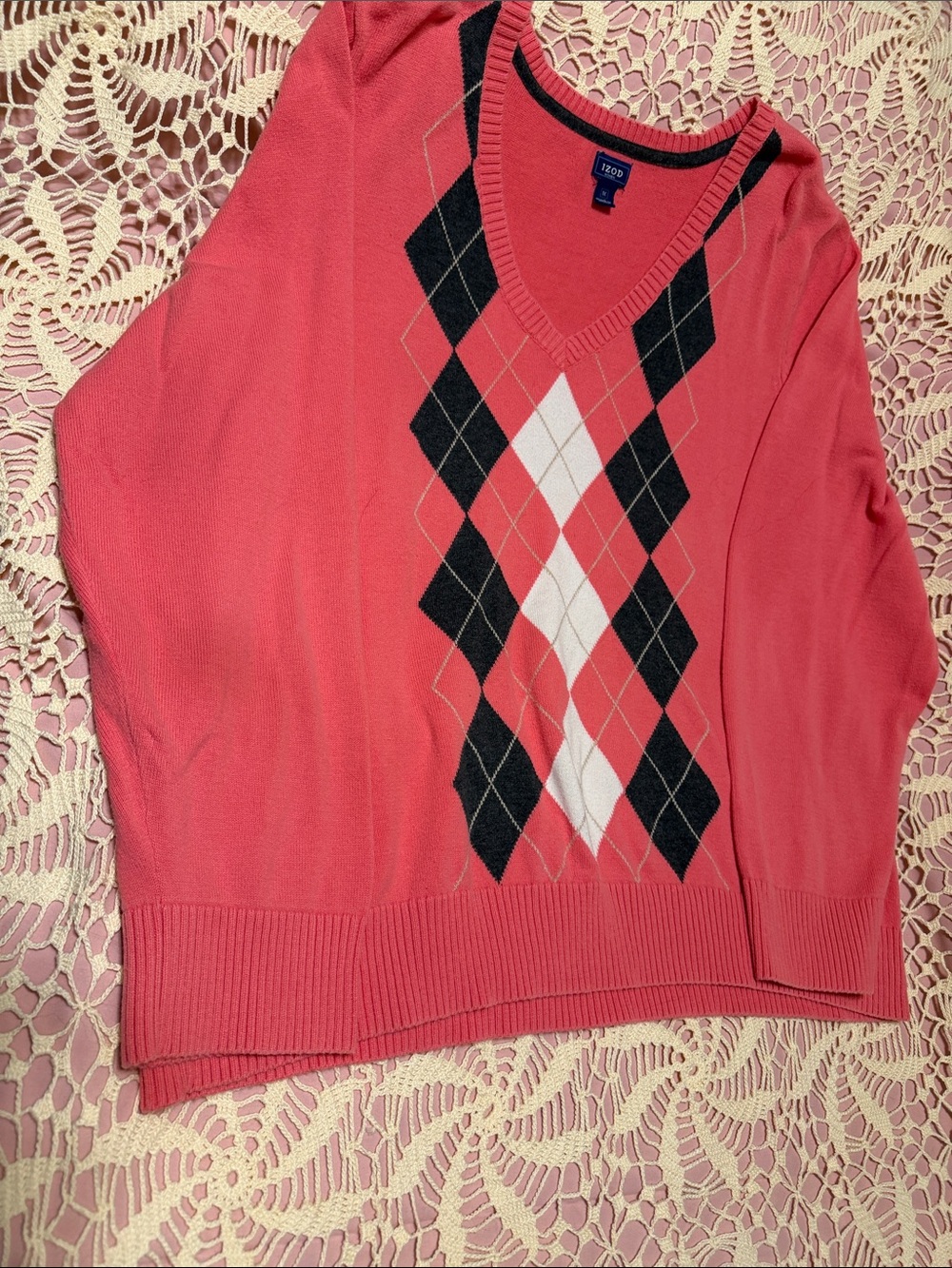 Izod Coral Pink Argyle V-Neck Sweater